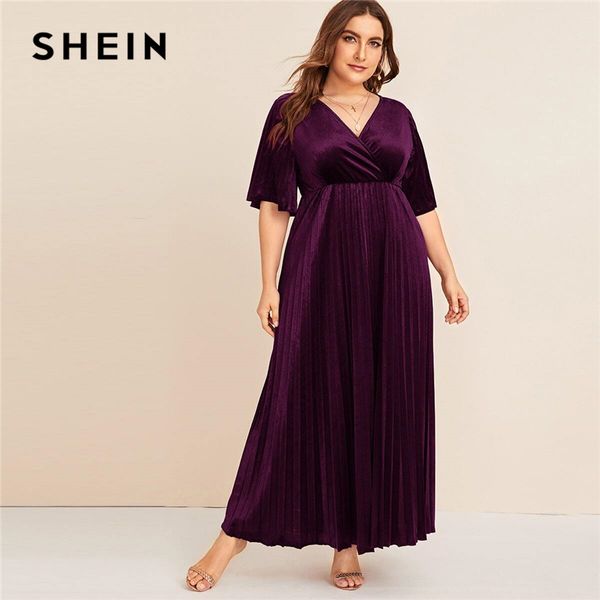 

shein plus size flutter sleeve pleated velvet dress women autumn winter v neck a line empire glamorous party maxi dresses, Black;gray