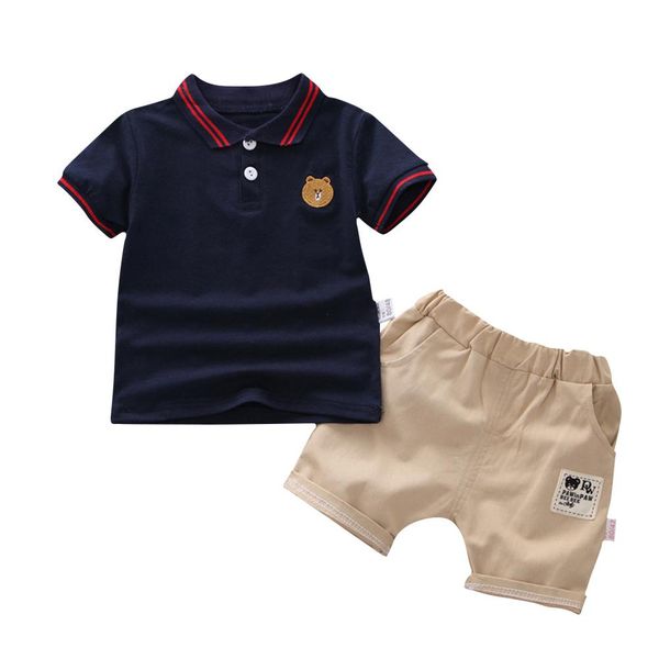 hobbylane 2pcs/set kids boys summer cute bear embroidery shirt + shorts, White