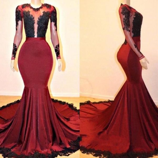 long sleeves mermaid evening dresses jewel sheer neck lace appliques african prom dress sweep train back zipper satin party dress, Black;red
long sleeves mermaid evening dresses jewel sheer neck lace appliques african prom dress sweep train back zipper satin party dress, Black;red