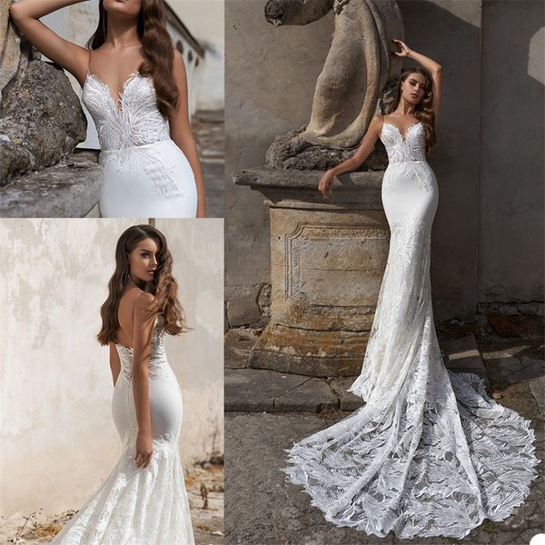 mermaid wedding dresses spaghetti strap backless appliqued lace wedding gown court train custom made vestidos de novia, White
mermaid wedding dresses spaghetti strap backless appliqued lace wedding gown court train custom made vestidos de novia, White