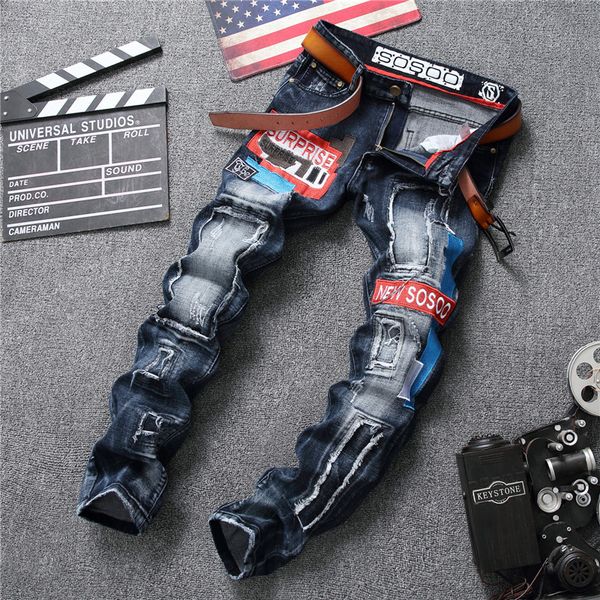 2019 european style new men ripped blue jeans letter patches embroidery skinny jeans slim fit fashion hole distressed long
2019 european style new men ripped blue jeans letter patches embroidery skinny jeans slim fit fashion hole distressed long