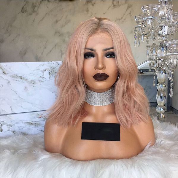 

Smoke Pink Brown Roots Ombre Lace Frontal Wig Short Bob Synthetic Lace Front Wigs Peach Pink Water Wave Heat Resistant Fiber Hair for Women, Ombre color like picture