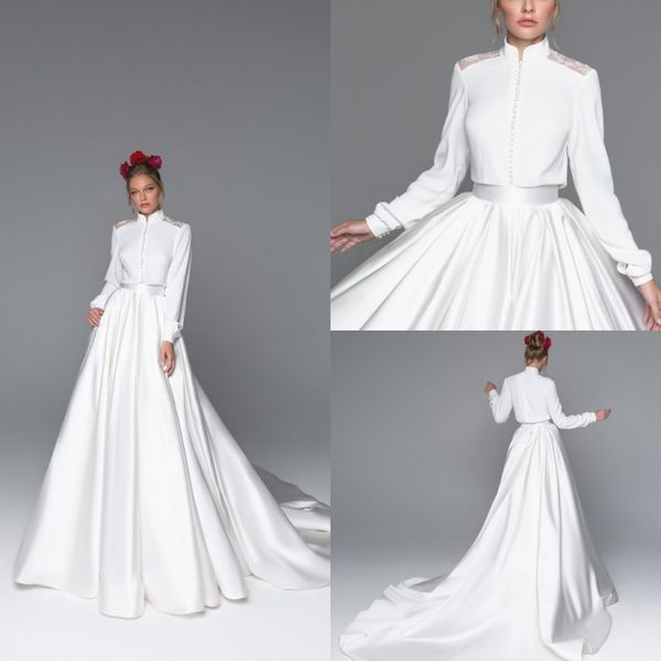 satin 2020 beach wedding dresses high collar a line lace ruffles bohemian bridal gowns custom made sweep train long sleeve wedding dress, White
satin 2020 beach wedding dresses high collar a line lace ruffles bohemian bridal gowns custom made sweep train long sleeve wedding dress, White