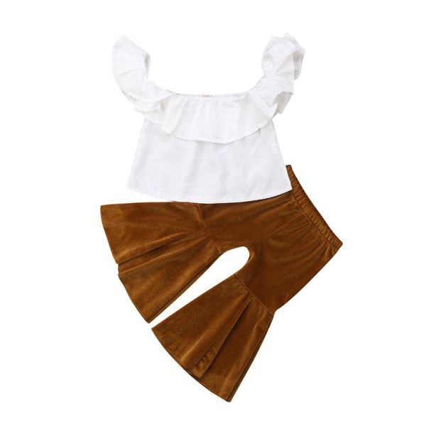 1-5y summer fashion infant baby girls 2pcs sets short sleeve ruffles off shoulder white t-shirts+velvet flare pants
1-5y summer fashion infant baby girls 2pcs sets short sleeve ruffles off shoulder white t-shirts+velvet flare pants