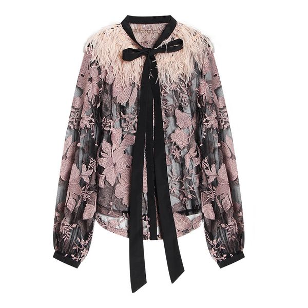 brand designer women feather transparent blouse 2019 early autumn runway stand collar luxury floral embroidery long sleeve shirts, White
brand designer women feather transparent blouse 2019 early autumn runway stand collar luxury floral embroidery long sleeve shirts, White