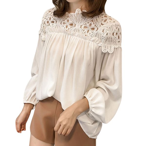 women blouse causal solid color loose o-neck long sleeve hollow out ladies female summer spring latern sleeves shirt top, White
women blouse causal solid color loose o-neck long sleeve hollow out ladies female summer spring latern sleeves shirt top, White