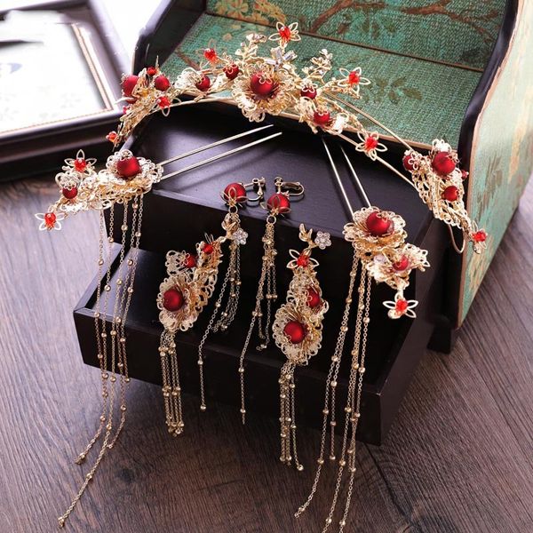 bride's chinese style red headwear earrings ancient tassel crown wedding hair accessories wholesale, Golden;white
bride's chinese style red headwear earrings ancient tassel crown wedding hair accessories wholesale, Golden;white