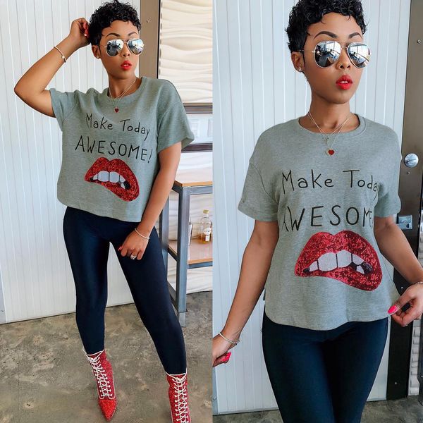 Women Big Lip Sequins Tshirts Letter Printed Crew Neck Blouse Short Sleeve Clothing Cotton Fashion Apparel
Women Big Lip Sequins Tshirts Letter Printed Crew Neck Blouse Short Sleeve Clothing Cotton Fashion Apparel
