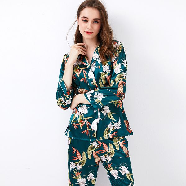 women silk satin pajamas pyjamas set 2 pcs long sleeve sleepwear suit female fresh flower home wear for women pijama mujer, Blue;gray
women silk satin pajamas pyjamas set 2 pcs long sleeve sleepwear suit female fresh flower home wear for women pijama mujer, Blue;gray