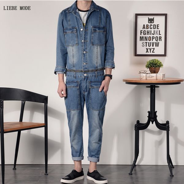 retro classic denim jumpsuit long sleeve cargo overalls single breasted jeans trousers multi pockets pant with detachable jacket, Blue
retro classic denim jumpsuit long sleeve cargo overalls single breasted jeans trousers multi pockets pant with detachable jacket, Blue