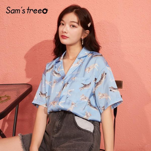 sam's tree blue cat print single breasted casual satin women shirts 2020 spring new vintage half sleeve cute ladies daily, White
sam's tree blue cat print single breasted casual satin women shirts 2020 spring new vintage half sleeve cute ladies daily, White