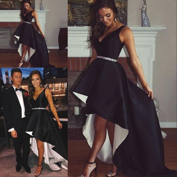 new arrival black white satin high low prom dresses v neck party dresses beaded waist evening dresses with pockets
new arrival black white satin high low prom dresses v neck party dresses beaded waist evening dresses with pockets