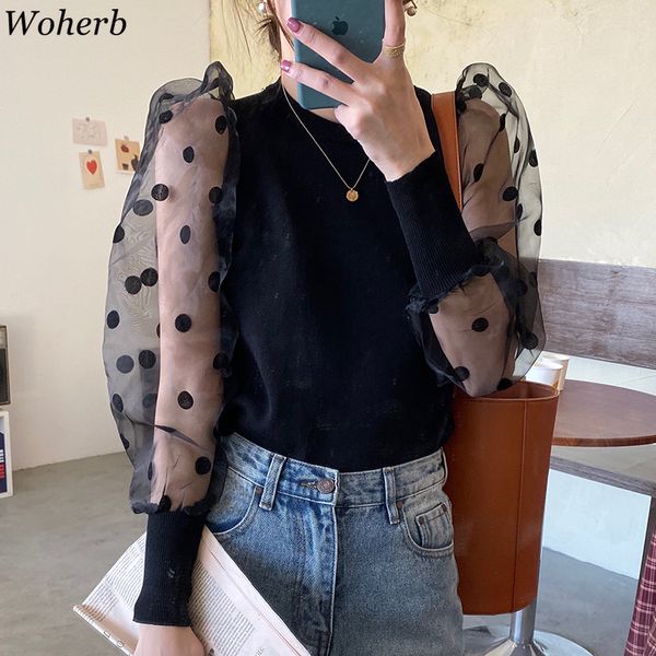 woherb spring winter fashion women slim sweater ladies knitted ribbed spotted polka dots mesh puff sleeve jumper sweater, White;black
woherb spring winter fashion women slim sweater ladies knitted ribbed spotted polka dots mesh puff sleeve jumper sweater, White;black