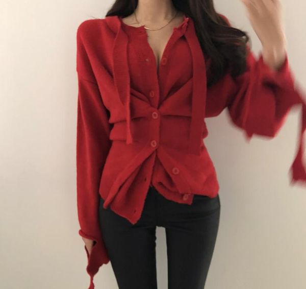 women's sweaters south korea spring single-breasted ruffled waist knit sweater korean fashion, White;black
women's sweaters south korea spring single-breasted ruffled waist knit sweater korean fashion, White;black