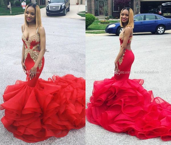 red mermaid prom dresses spaghetti straps lace appliques beaded evening gowns sweep train plus size tiered organza formal party dress, Black
red mermaid prom dresses spaghetti straps lace appliques beaded evening gowns sweep train plus size tiered organza formal party dress, Black