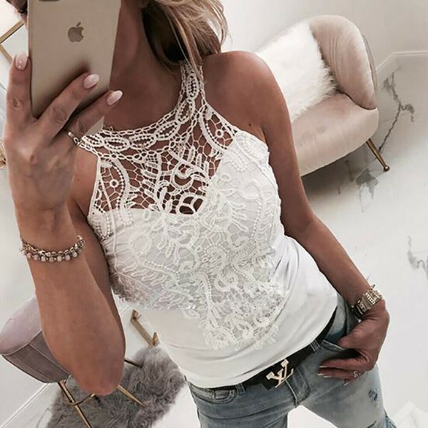 2019 women's lace stitching flowers hollow out strappy small vest blouse clothes summer sleeveless plain clothing, White
2019 women's lace stitching flowers hollow out strappy small vest blouse clothes summer sleeveless plain clothing, White