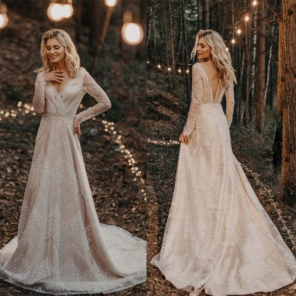 2020 long sleeves wedding dresses v-neck lace sequins appliqued lace wedding gown a-line custom made illusion back long bridal dress, White
2020 long sleeves wedding dresses v-neck lace sequins appliqued lace wedding gown a-line custom made illusion back long bridal dress, White