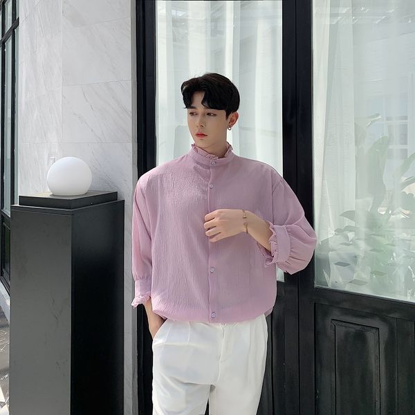 men pink shirts stand collar casual lovers shirt male vintage fashion party dress shirt stage costumes, White;black
men pink shirts stand collar casual lovers shirt male vintage fashion party dress shirt stage costumes, White;black