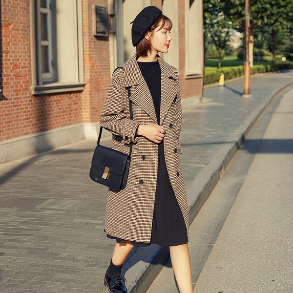 new loose long wool blend ladies coat double breasted plaid women's jacket turn-down collar korean womens fashion coat, Black
new loose long wool blend ladies coat double breasted plaid women's jacket turn-down collar korean womens fashion coat, Black