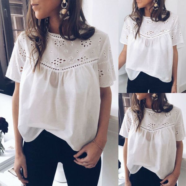 women hollow short sleeve t-shirt loose crew neck casual blouse summer tee top, White
women hollow short sleeve t-shirt loose crew neck casual blouse summer tee top, White