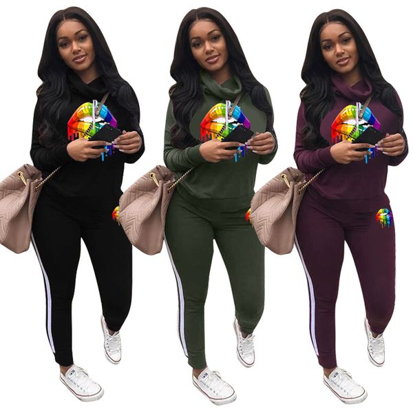 women long sleeves colorful lips print sweats suits side stripes sports casual running winter fashion women's tracksuits, Gray 
women long sleeves colorful lips print sweats suits side stripes sports casual running winter fashion women's tracksuits, Gray