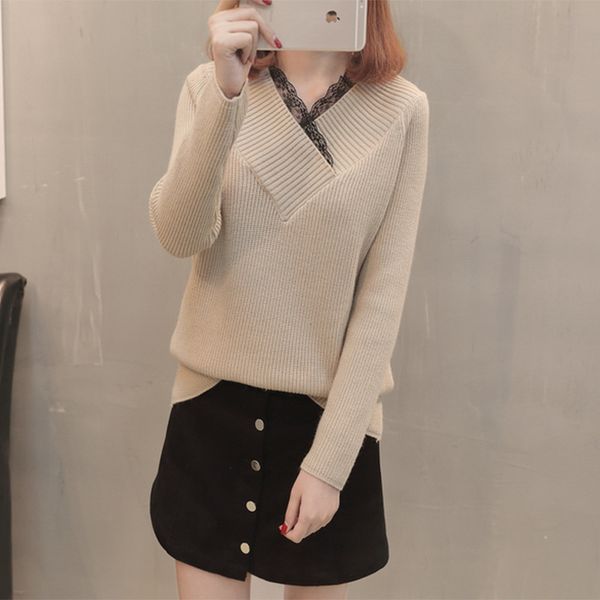 women v-neck lace sweater winter and autumn knit pullover long sleeve korean sweater loose wild woman clothes, White;black
women v-neck lace sweater winter and autumn knit pullover long sleeve korean sweater loose wild woman clothes, White;black