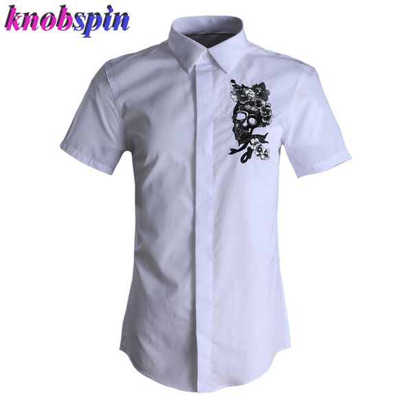 2019 brand summer dress shirt men short sleeve skull flower embroidery male shirts solid slim cotton shirt, White;black
2019 brand summer dress shirt men short sleeve skull flower embroidery male shirts solid slim cotton shirt, White;black