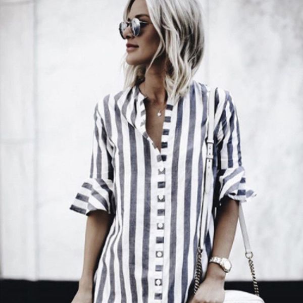 2019 new loose stiped women's shirt turn-down collar long sleeve stiped women blouses casual plus size button women, White
2019 new loose stiped women's shirt turn-down collar long sleeve stiped women blouses casual plus size button women, White