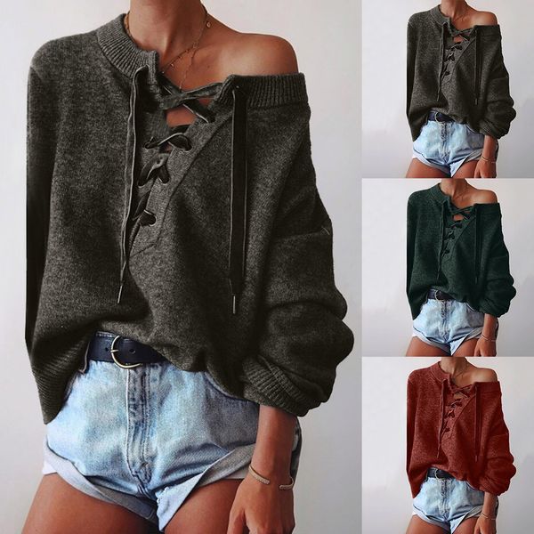 klv winter women's ladies sweater v-neck long sleeve solid color cross lace casual loose pullover 9.16, White;black
klv winter women's ladies sweater v-neck long sleeve solid color cross lace casual loose pullover 9.16, White;black