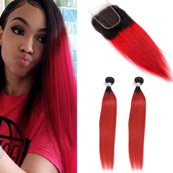 

indian raw virgin hair 1b red silky straight bundles with 4x4 lace closure middle three part 3pcs human hair wefts with 4 by 4 closures, Black;brown