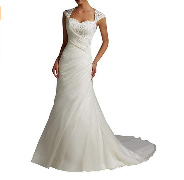 lace cap sleeves sweetheart mermaid wedding dresses appliques sweep train bride gown wedding dress square neck sheer back pleats bridal gown, White
lace cap sleeves sweetheart mermaid wedding dresses appliques sweep train bride gown wedding dress square neck sheer back pleats bridal gown, White