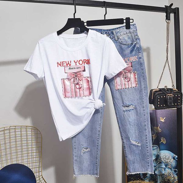 summer women set diamond cotton tee shirt femme + holes denim pants two piece set female outfits loose t-shirt jeans pants 2pc, White
summer women set diamond cotton tee shirt femme + holes denim pants two piece set female outfits loose t-shirt jeans pants 2pc, White