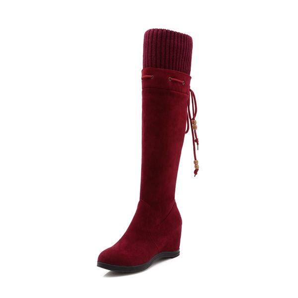 women's boots/high boots/ground suede/round head/inner heightened heel 6cm/lace/wool barrel/youth charm/ljwl&12895, Black
women's boots/high boots/ground suede/round head/inner heightened heel 6cm/lace/wool barrel/youth charm/ljwl&12895, Black