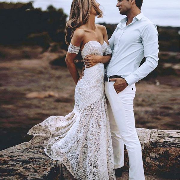 

бифштексы mermaid beach свадебные платья 2019 в стиле ретро с плеча крючком хлопка кружева fishtail хиппи страна свадебное платье, White