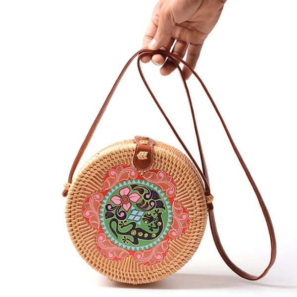 handwoven round rattan bag with beautiful print handmade beach crossbody bag fashion shoulder leather strap bali purse for women
handwoven round rattan bag with beautiful print handmade beach crossbody bag fashion shoulder leather strap bali purse for women