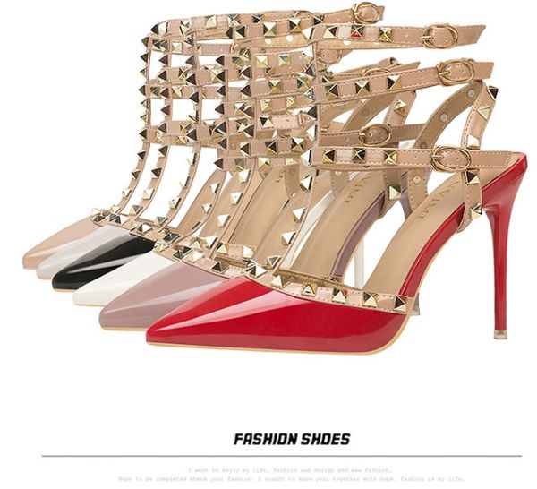 european and american style nightclub stiletto high heels, patent leather, metal rivets, openwork roman fashion sandals
european and american style nightclub stiletto high heels, patent leather, metal rivets, openwork roman fashion sandals