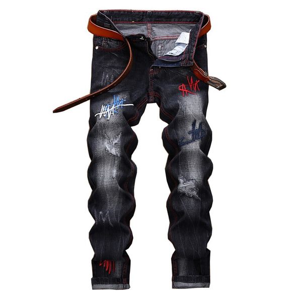 gersri men straight black embroidered jeans fashion designer casual jeans men's hole denim trousers, Blue
gersri men straight black embroidered jeans fashion designer casual jeans men's hole denim trousers, Blue