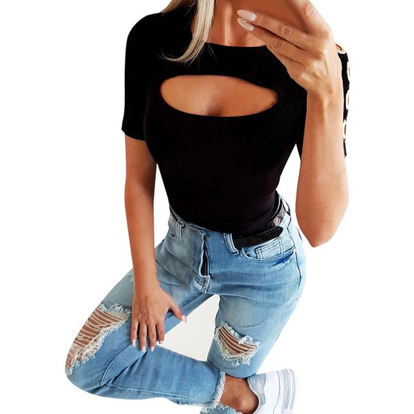 women's chest cutout slim t-shirt casual sports metal ring decor short sleeve sport shirts fitness women slim summer top, Black;blue
women's chest cutout slim t-shirt casual sports metal ring decor short sleeve sport shirts fitness women slim summer top, Black;blue