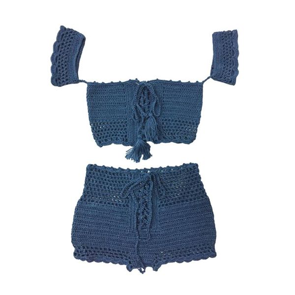 

bohemian style adults women's bandage crochet blue lace knit summer beach party bikini swimwear crop shorts set s/m/l