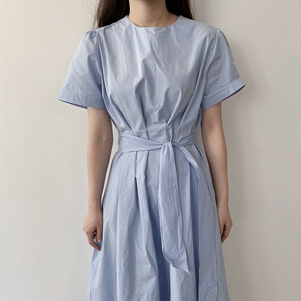 korean lady chid bow belt drawstring dress, Black;gray