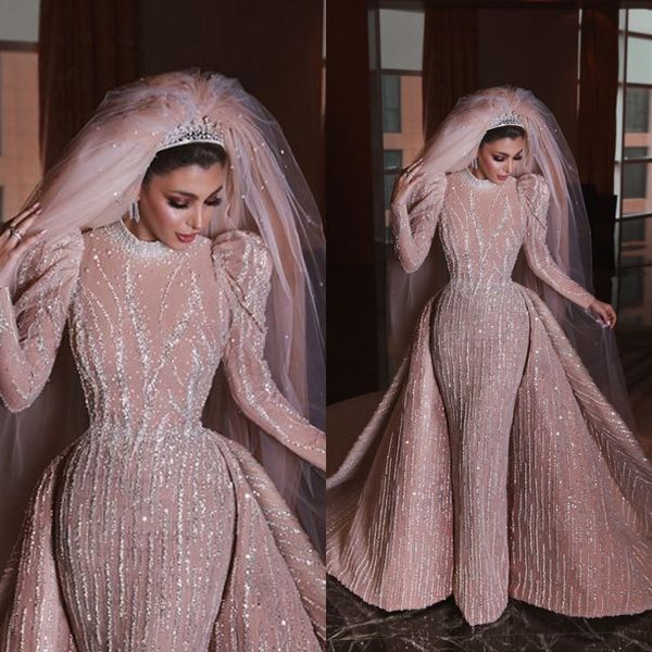 2020 luxury arabic mermaid wedding dresses with detachable train beading lace long sleeve bridal gowns high neck vestidos de novia, White
2020 luxury arabic mermaid wedding dresses with detachable train beading lace long sleeve bridal gowns high neck vestidos de novia, White