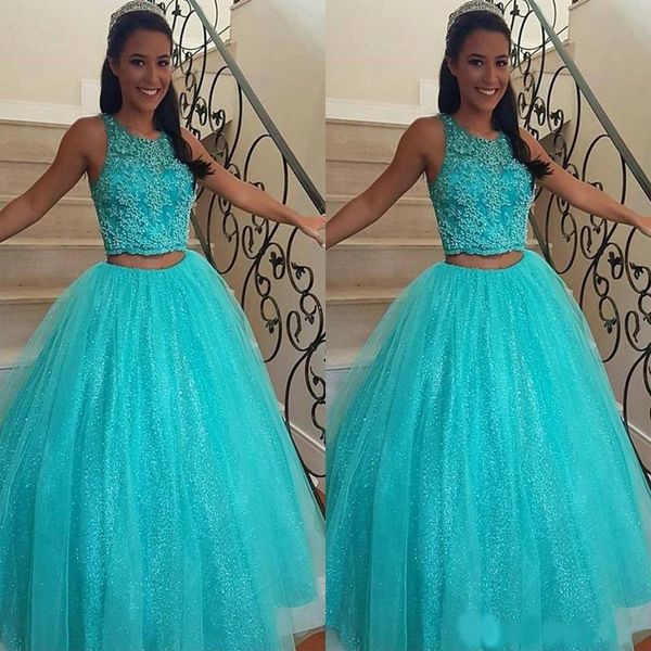 2020 turquoise ball gown prom dresses tulle two piece lace applique jewel neck sequins quinceanera formal evening party gowns custom made, Black
2020 turquoise ball gown prom dresses tulle two piece lace applique jewel neck sequins quinceanera formal evening party gowns custom made, Black