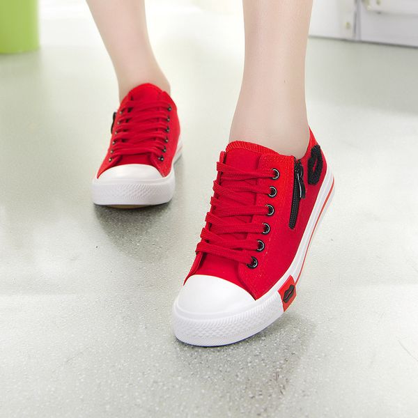 2018 new korean canvas shoes womens low lace up red lip side zipper student flat bottom leisure sports shoes, Black
2018 new korean canvas shoes womens low lace up red lip side zipper student flat bottom leisure sports shoes, Black
