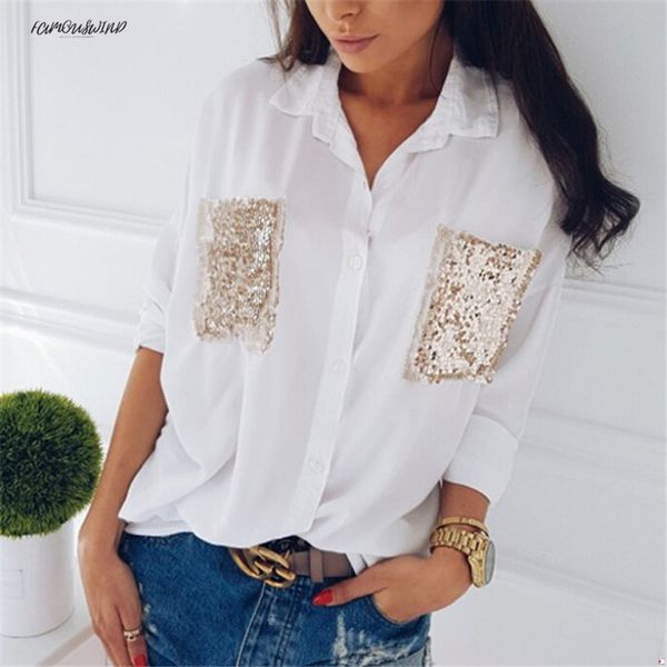 women fashion shirt casual long sleeve chiffon chest sequined pocket long sleeve blouses applique loose female blouse, White
women fashion shirt casual long sleeve chiffon chest sequined pocket long sleeve blouses applique loose female blouse, White