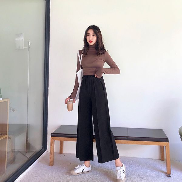 

new solid wool wide leg pants women casual high waisted ankle-length woolen trousers 2018 harajuku pockets pants for women, Black;white