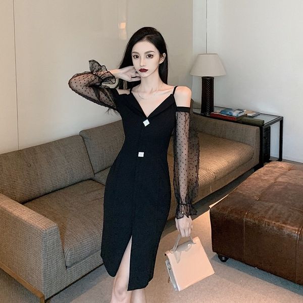autumn 2020 new womens fashion korean-style slim slimming long mesh black dress, White;black
autumn 2020 new womens fashion korean-style slim slimming long mesh black dress, White;black