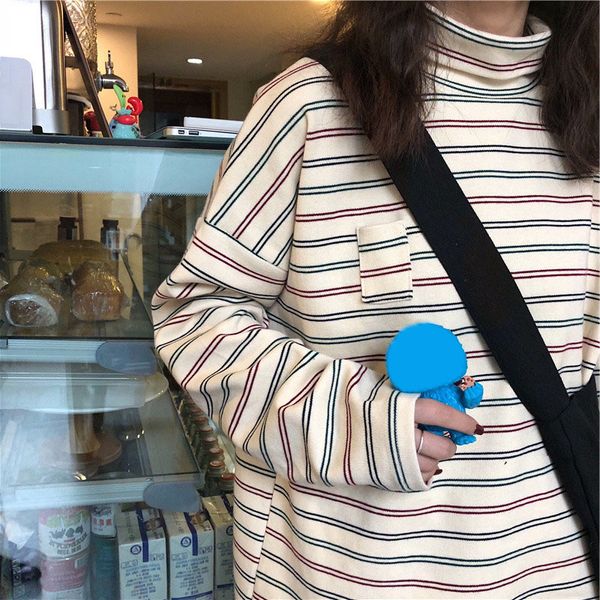 women lady girl stripe high neck long sleeve t-shirt soft casual for autumn kng88, White
women lady girl stripe high neck long sleeve t-shirt soft casual for autumn kng88, White