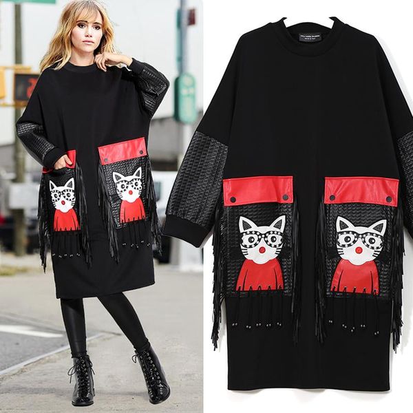 women autumn winter black midi dress plus size long sleeve cartoon pu large pocket &fringe ladies cute dress robe, Black;gray
women autumn winter black midi dress plus size long sleeve cartoon pu large pocket &fringe ladies cute dress robe, Black;gray