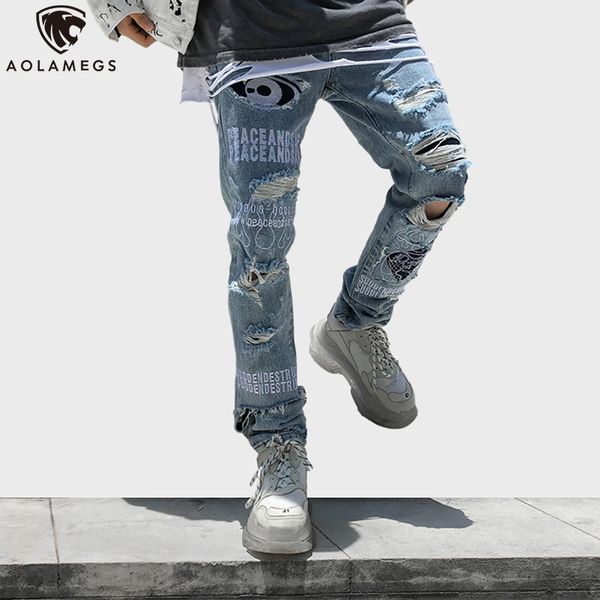 men's jeans aolamegs men patchwork letter print hole ripped denim casual slim high street hip hop pants trousers streetwear, Blue
men's jeans aolamegs men patchwork letter print hole ripped denim casual slim high street hip hop pants trousers streetwear, Blue