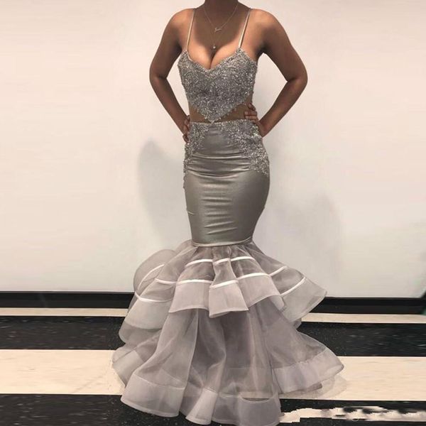 gray mermaid spaghetti strap prom dresses v neck appliques sequin tiered ruffles bottom evening wear long prom party gowns, Black
gray mermaid spaghetti strap prom dresses v neck appliques sequin tiered ruffles bottom evening wear long prom party gowns, Black